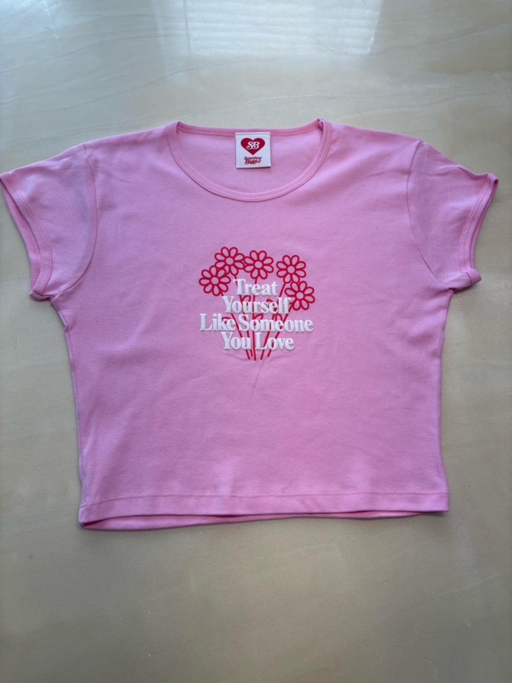 Something Bigger Pink Graphic Baby Tee – “Treat Yourself” Crop Top